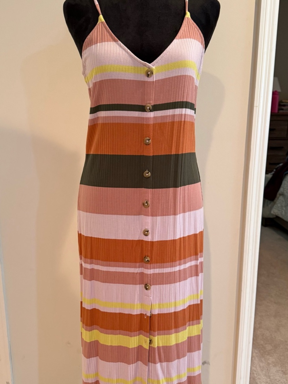 LOFT Striped Ribbed Button-Front Maxi Dress in Pink, Rust & Olive